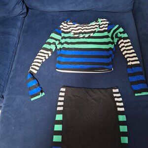 2 PIECE MULTI-COLORED BANDED SKIRT SET